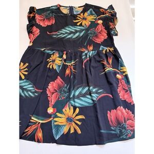 Women's Plus Size 3XL Black Tropical Dress Floral Print Zip Black Vacation Dress